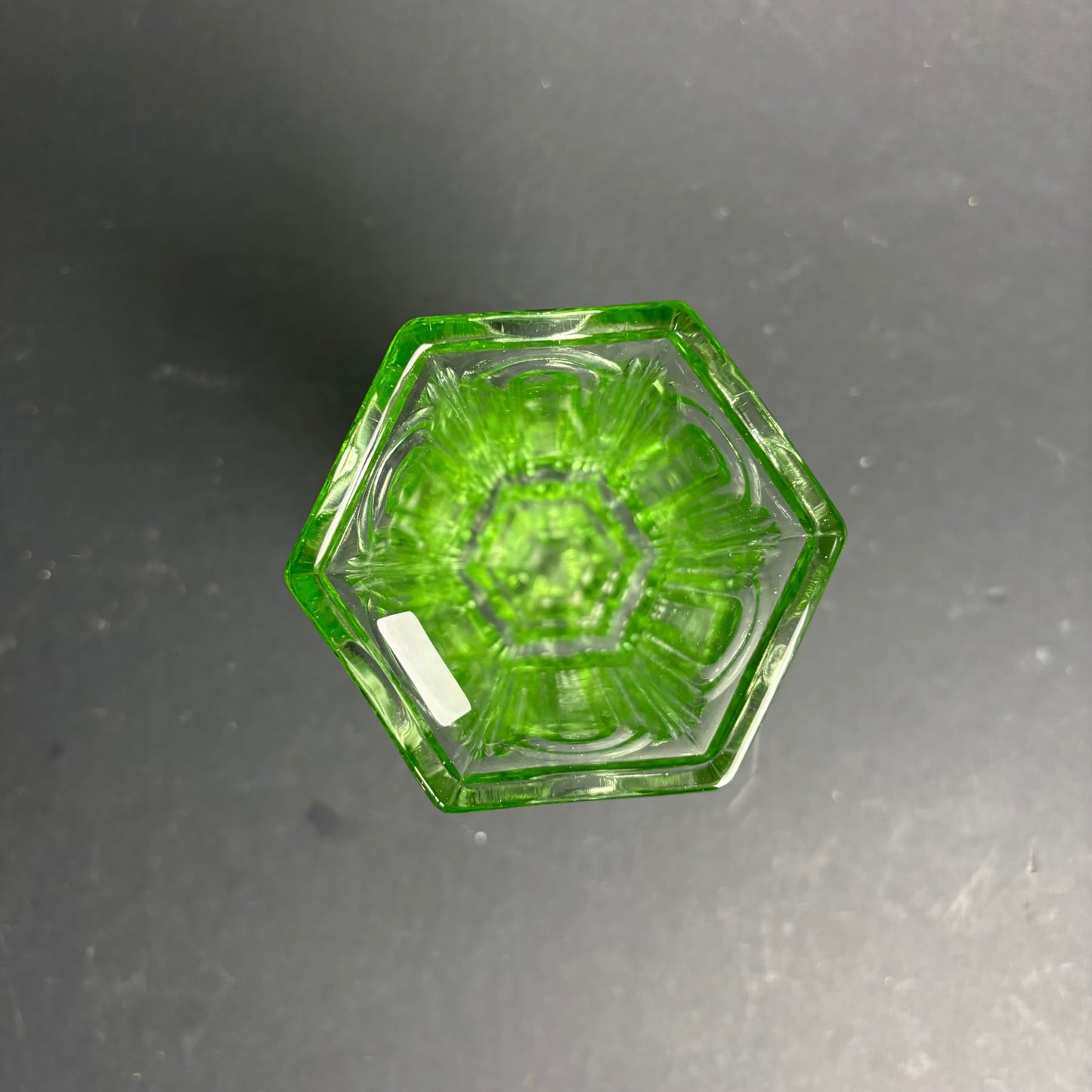 Vintage Green Pressed Glass Vase – Hexagonal Art Deco Style Trumpet Vase