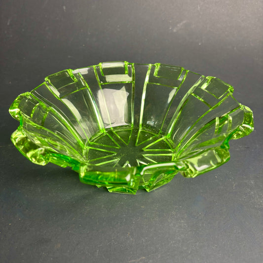 Vintage Green Glass Bowl – Art Deco Panelled Form
