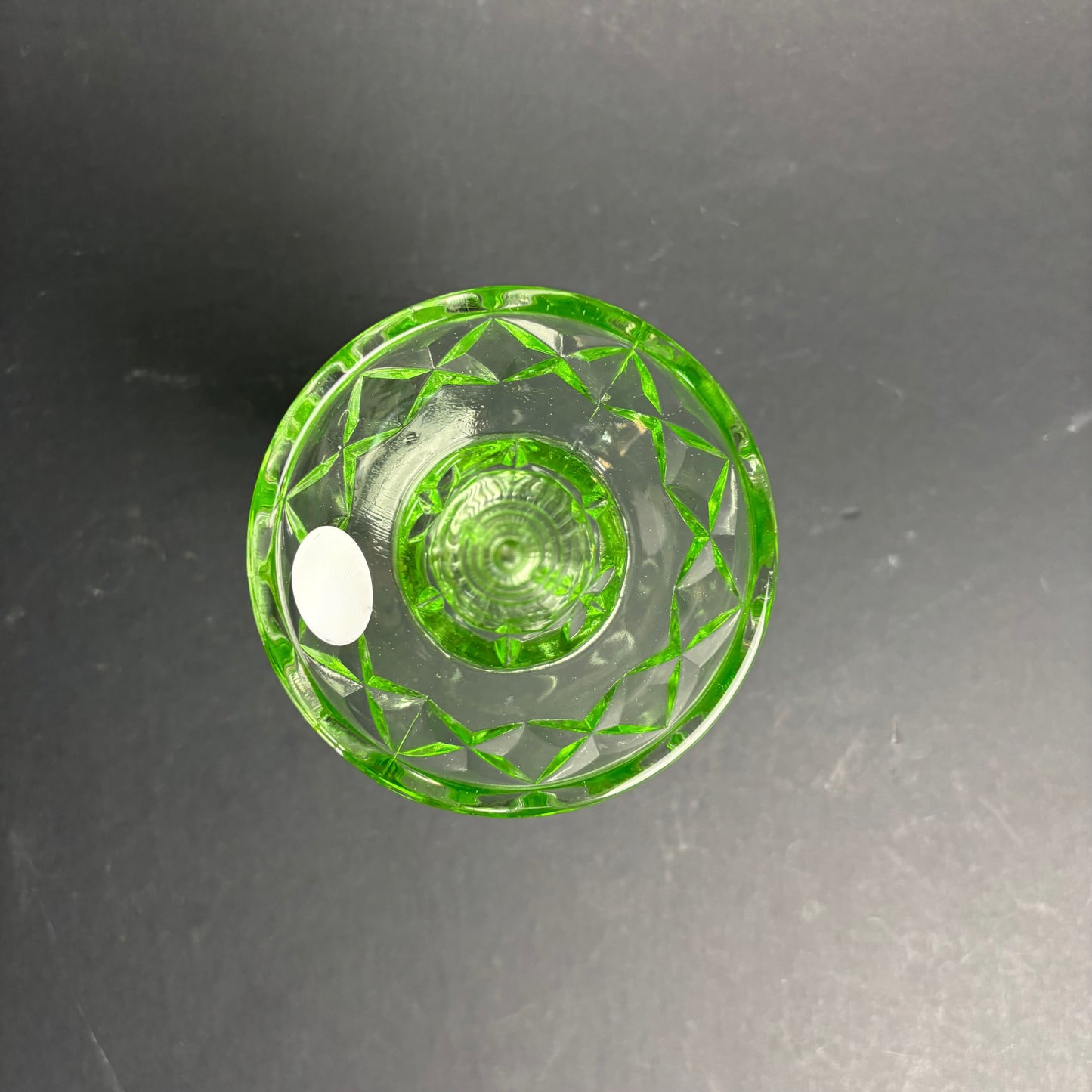 Vintage Green Pressed Glass Trumpet Vase – Art Deco Style Stepped Stem