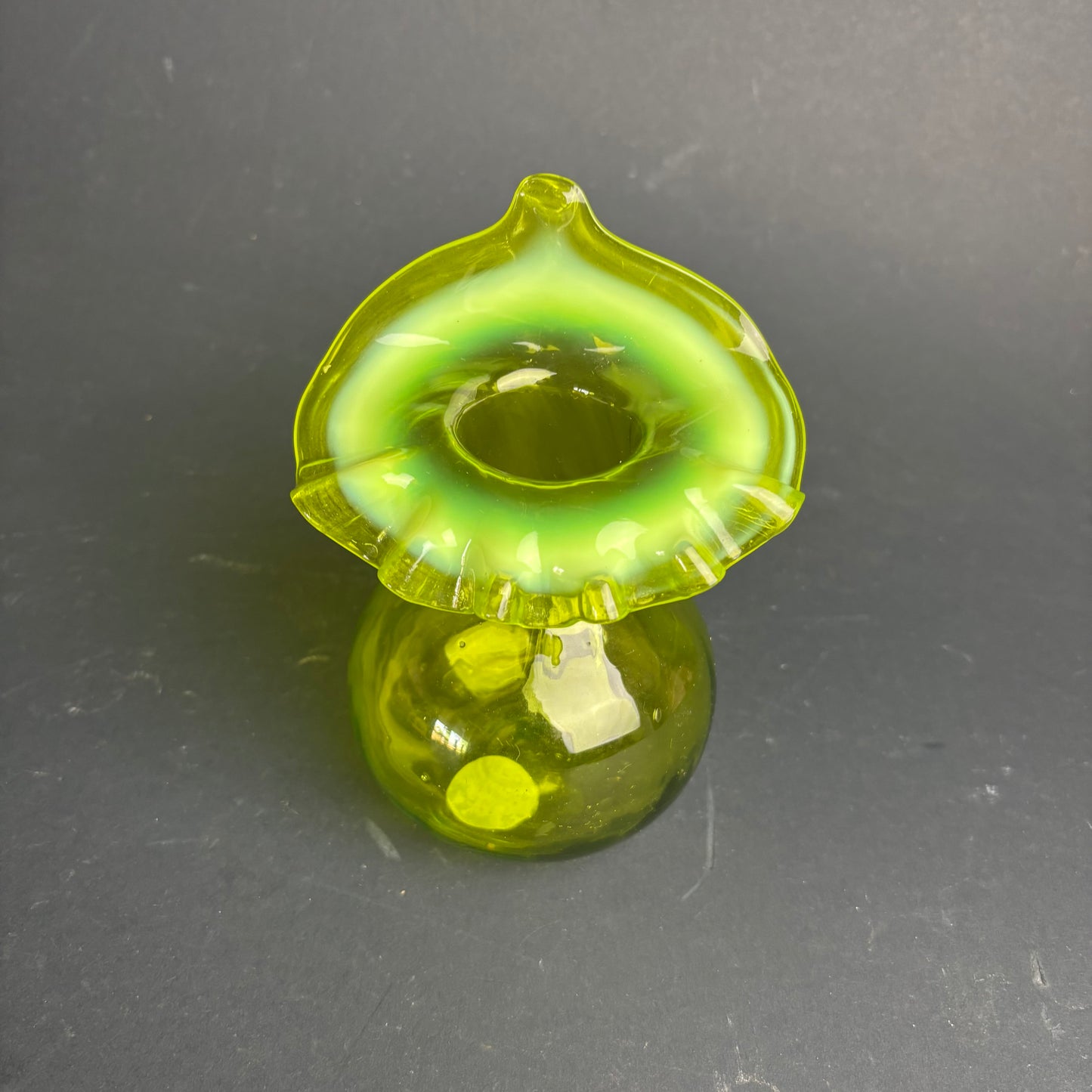 Vintage Green Cased Glass Vase – Bohemian Style Frilled Rim Art Glass
