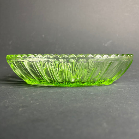 Vintage Green Glass Oval Dish – Pressed Glass Serving Bowl