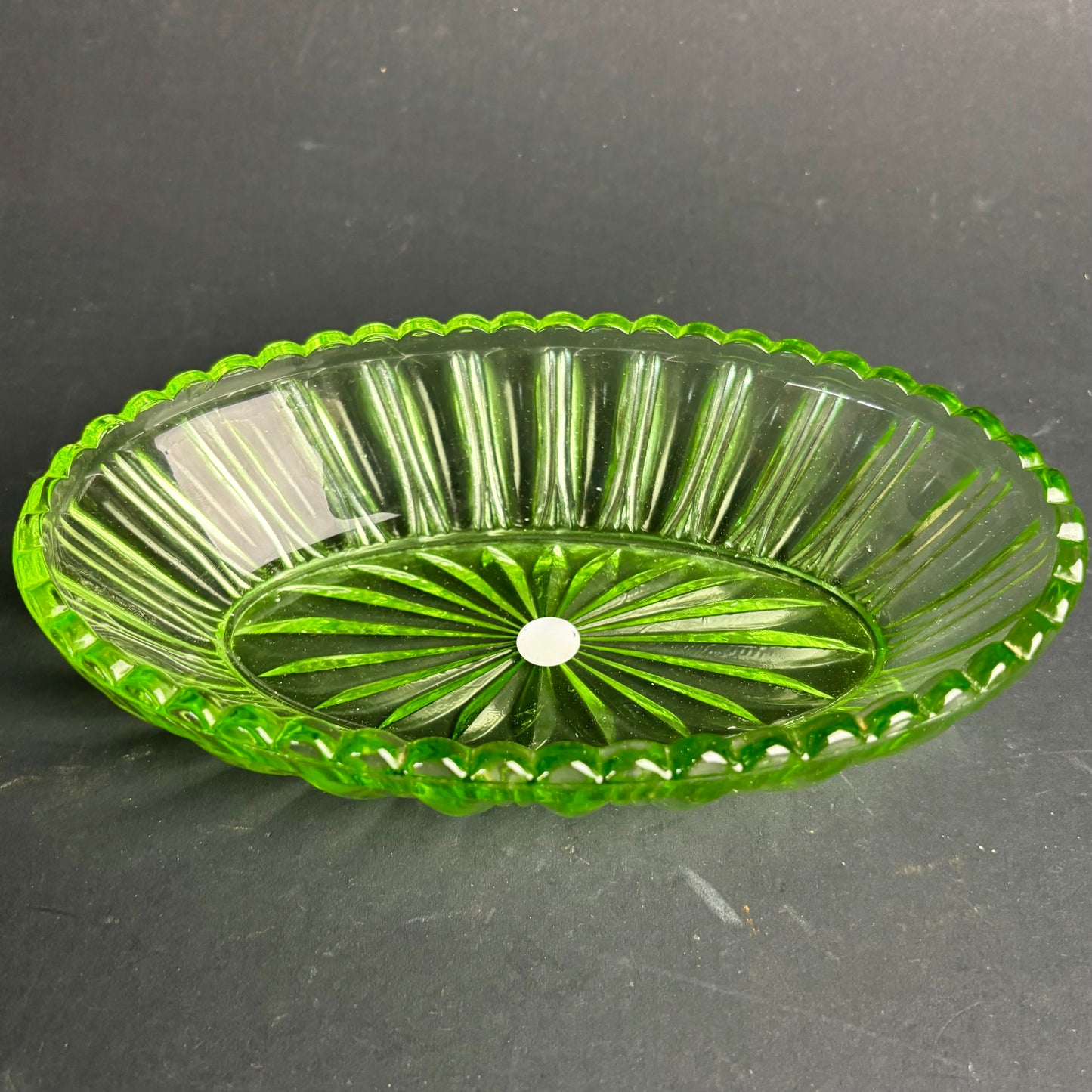 Vintage Green Glass Oval Dish – Pressed Glass Serving Bowl