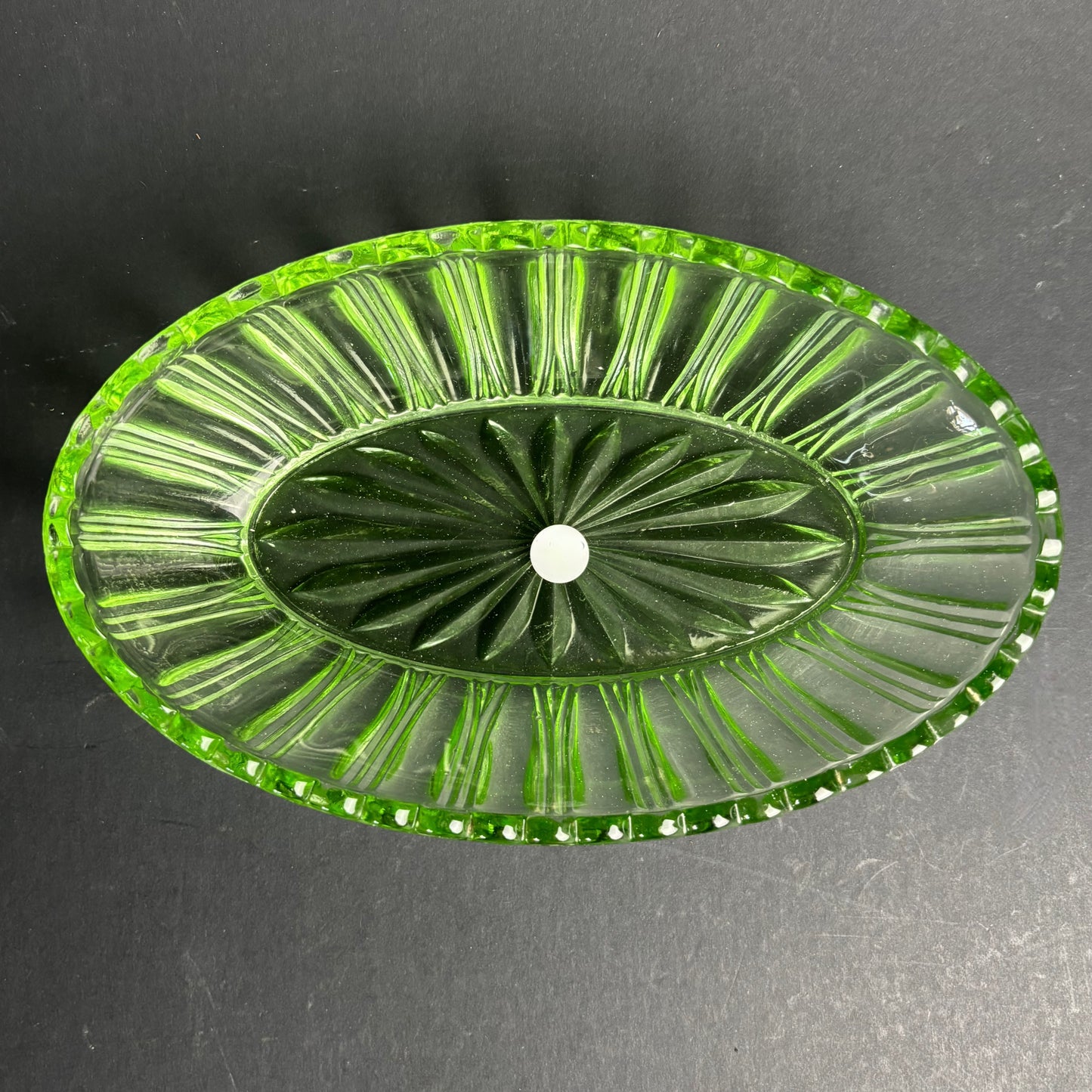 Vintage Green Glass Oval Dish – Pressed Glass Serving Bowl