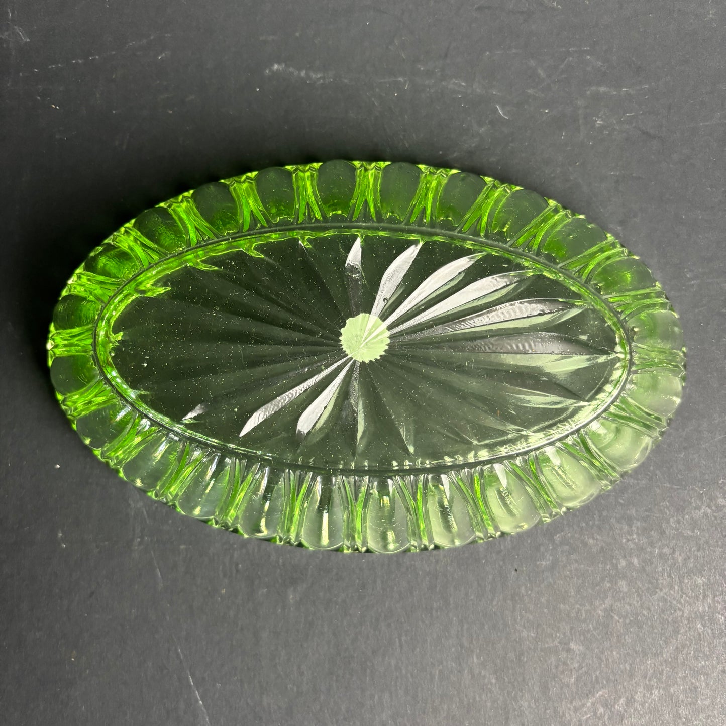 Vintage Green Glass Oval Dish – Pressed Glass Serving Bowl