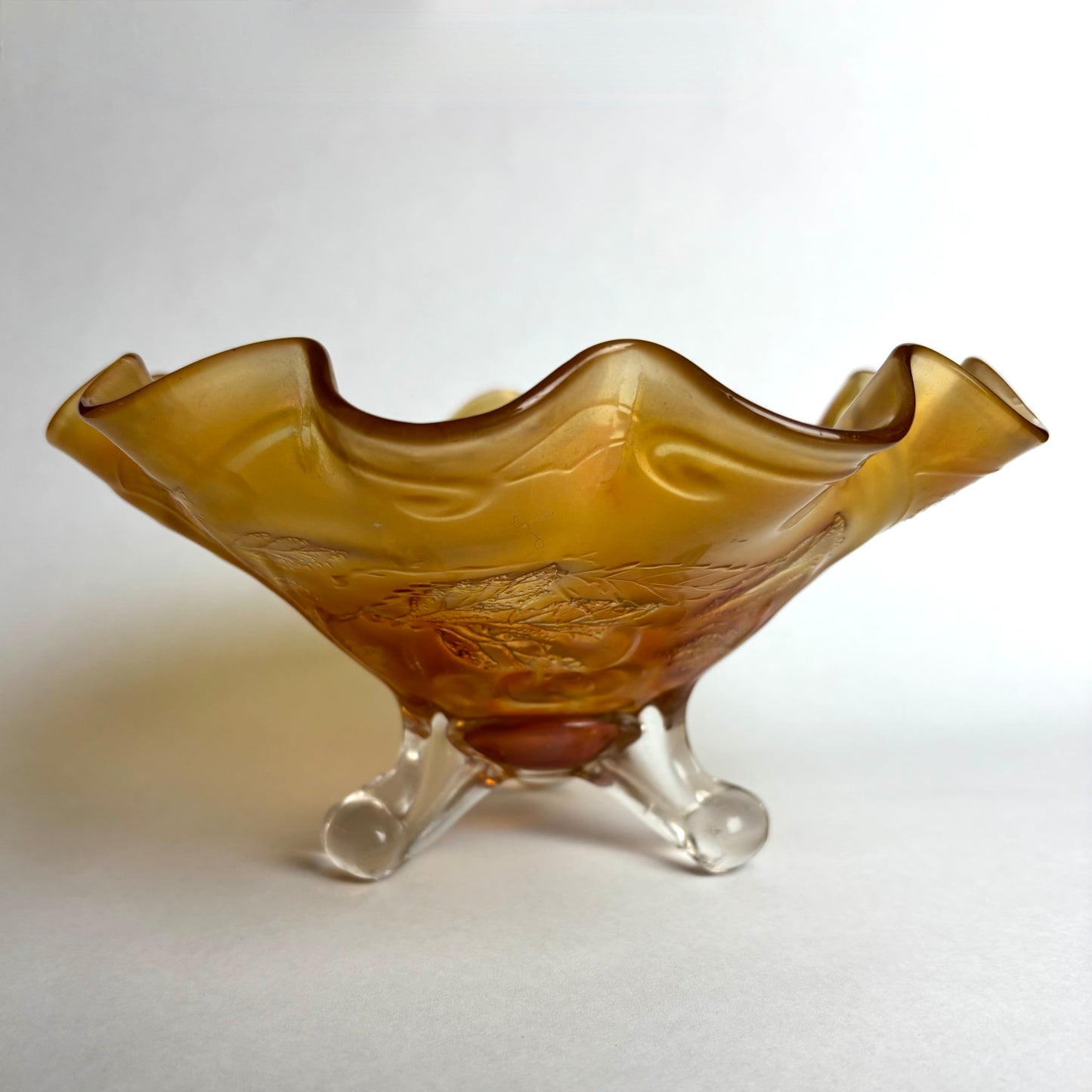 Dugan Cherries Splay Legged 10 Ruffle Marigold Carnival Glass Bowl