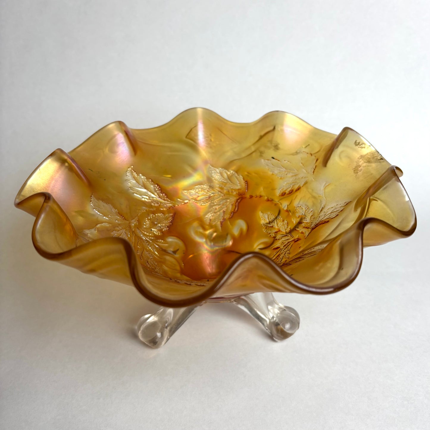 Dugan Cherries Splay Legged 10 Ruffle Marigold Carnival Glass Bowl