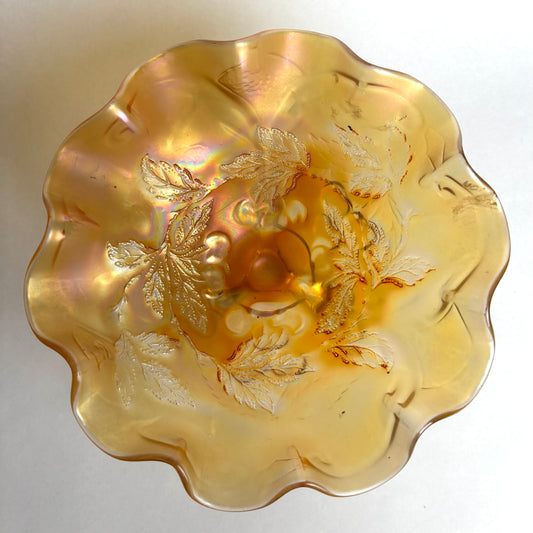 Dugan Cherries Splay Legged 10 Ruffle Marigold Carnival Glass Bowl