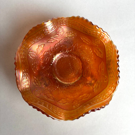 Fenton Two Flowers Marigold Ball Footed Carnival Glass Bowl
