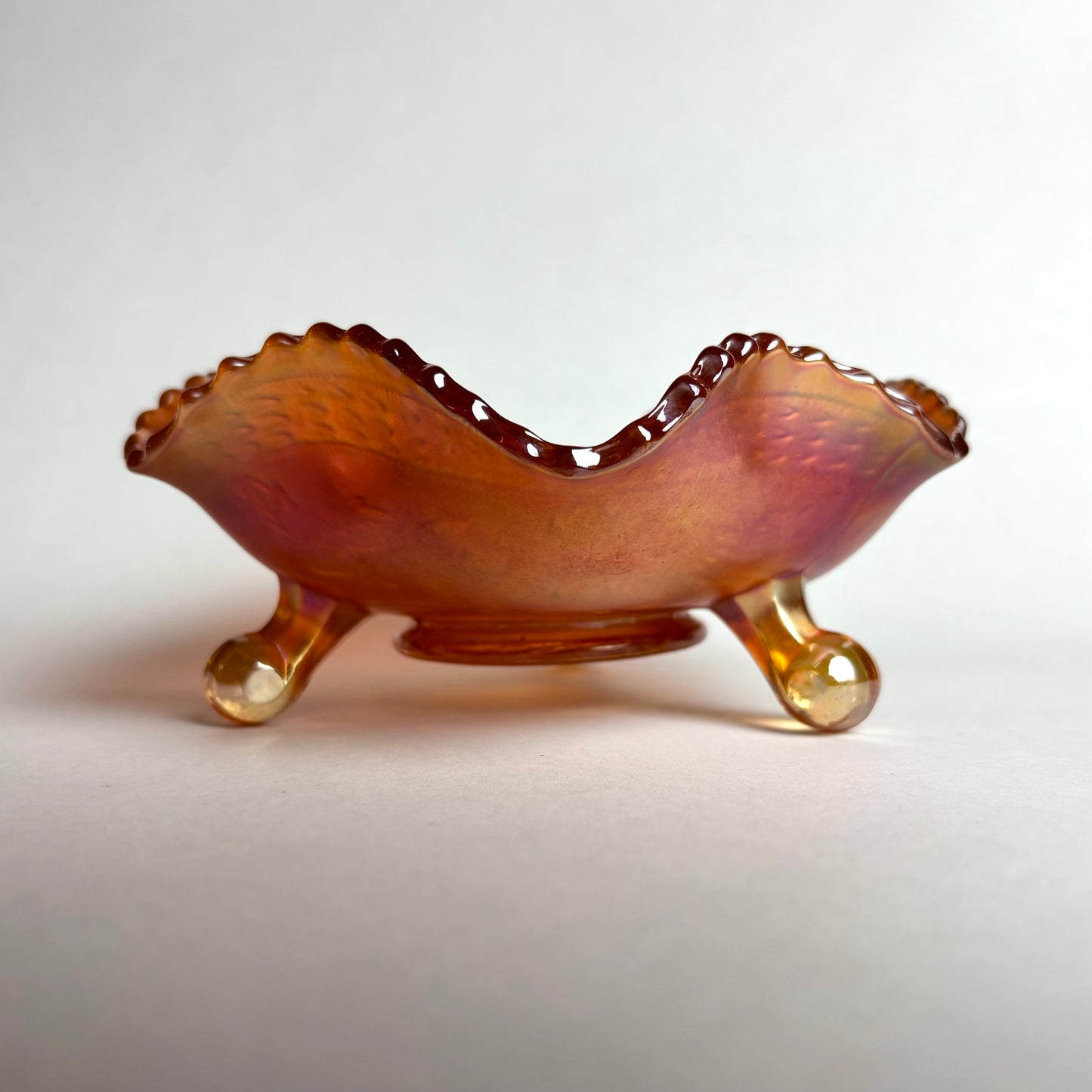 Fenton Two Flowers Marigold Ball Footed Carnival Glass Bowl