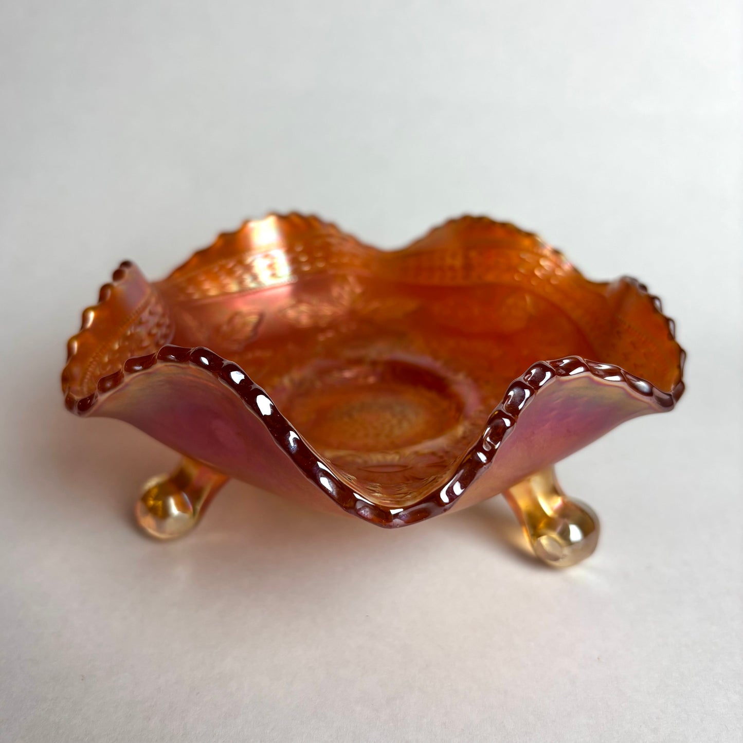 Fenton Two Flowers Marigold Ball Footed Carnival Glass Bowl