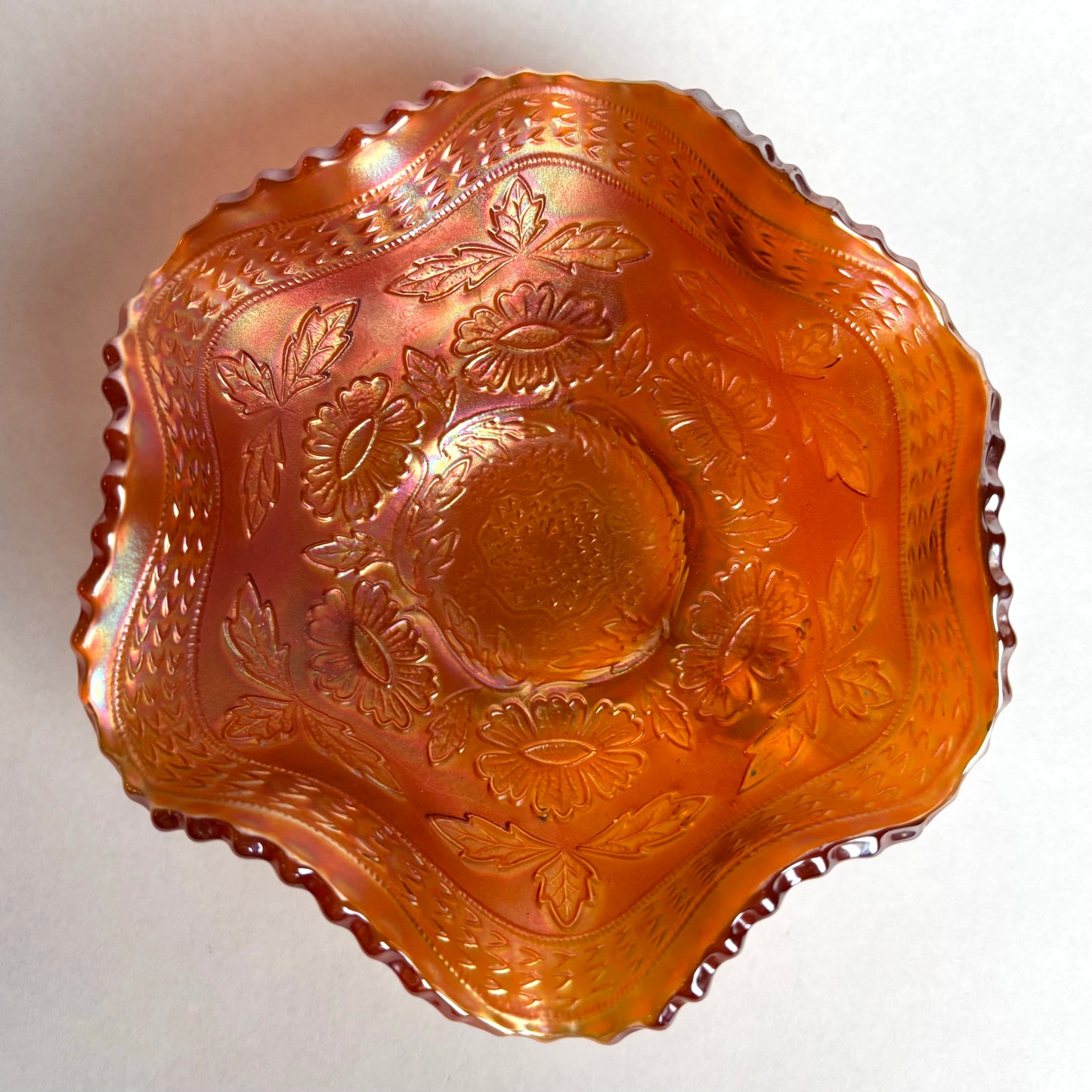 Fenton Two Flowers Marigold Ball Footed Carnival Glass Bowl