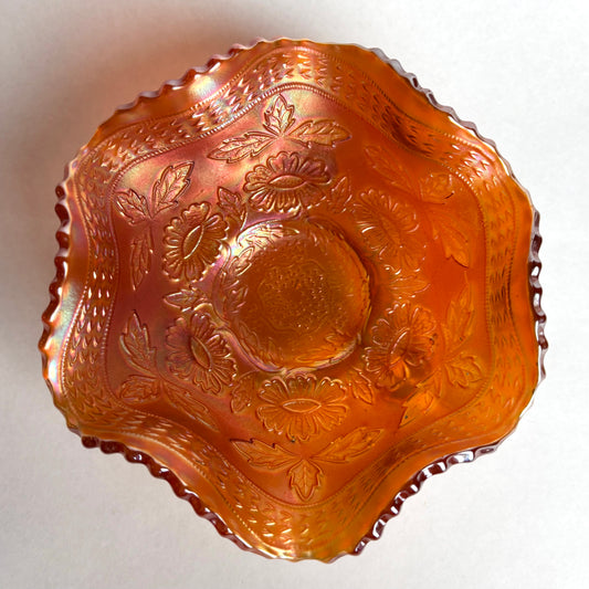 Fenton Two Flowers Marigold Ball Footed Carnival Glass Bowl