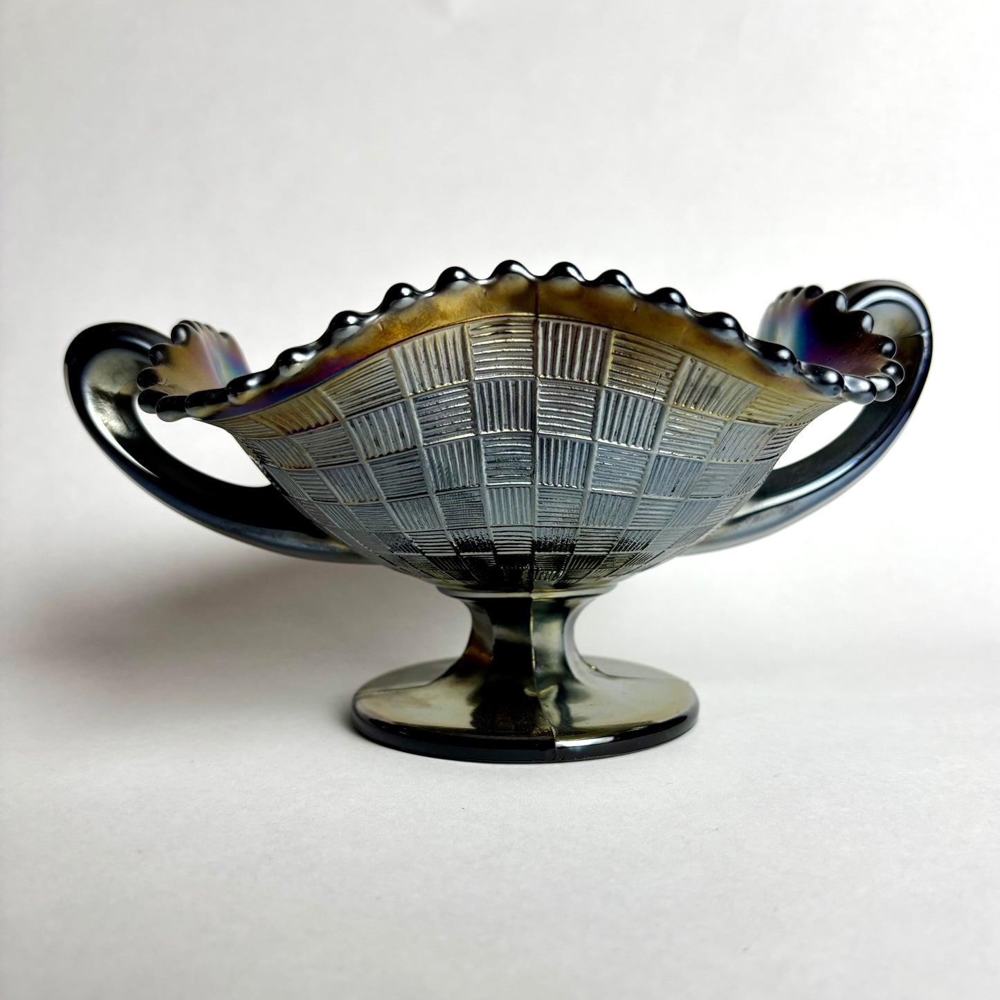 Northwood Cobalt Blue Fruits & Flowers Carnival Glass Bon Bon Dish Basket Weave Exterior