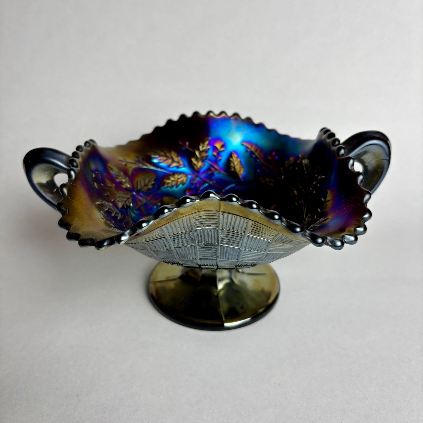 Northwood Cobalt Blue Fruits & Flowers Carnival Glass Bon Bon Dish Basket Weave Exterior
