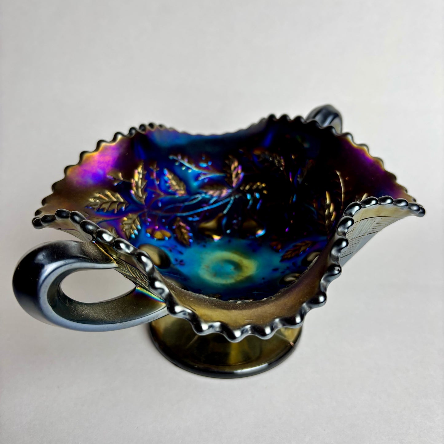 Northwood Cobalt Blue Fruits & Flowers Carnival Glass Bon Bon Dish Basket Weave Exterior