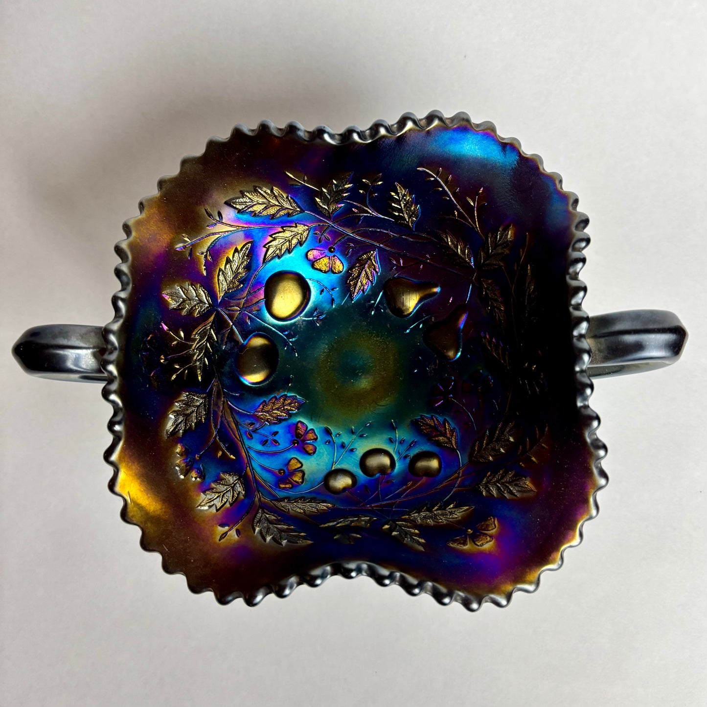 Northwood Cobalt Blue Fruits & Flowers Carnival Glass Bon Bon Dish Basket Weave Exterior