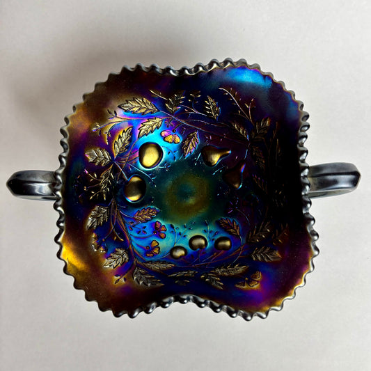 Northwood Cobalt Blue Fruits & Flowers Carnival Glass Bon Bon Dish Basket Weave Exterior