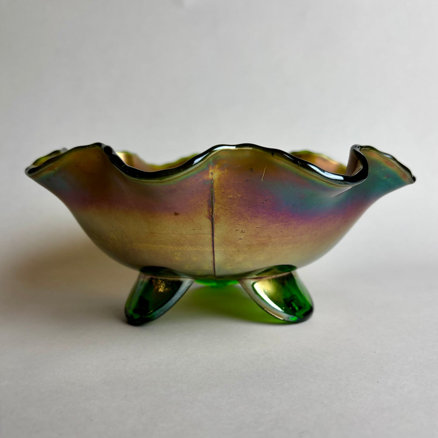 Northwood Footed Grape & Cable Ruffled Green Carnival Glass Bowl