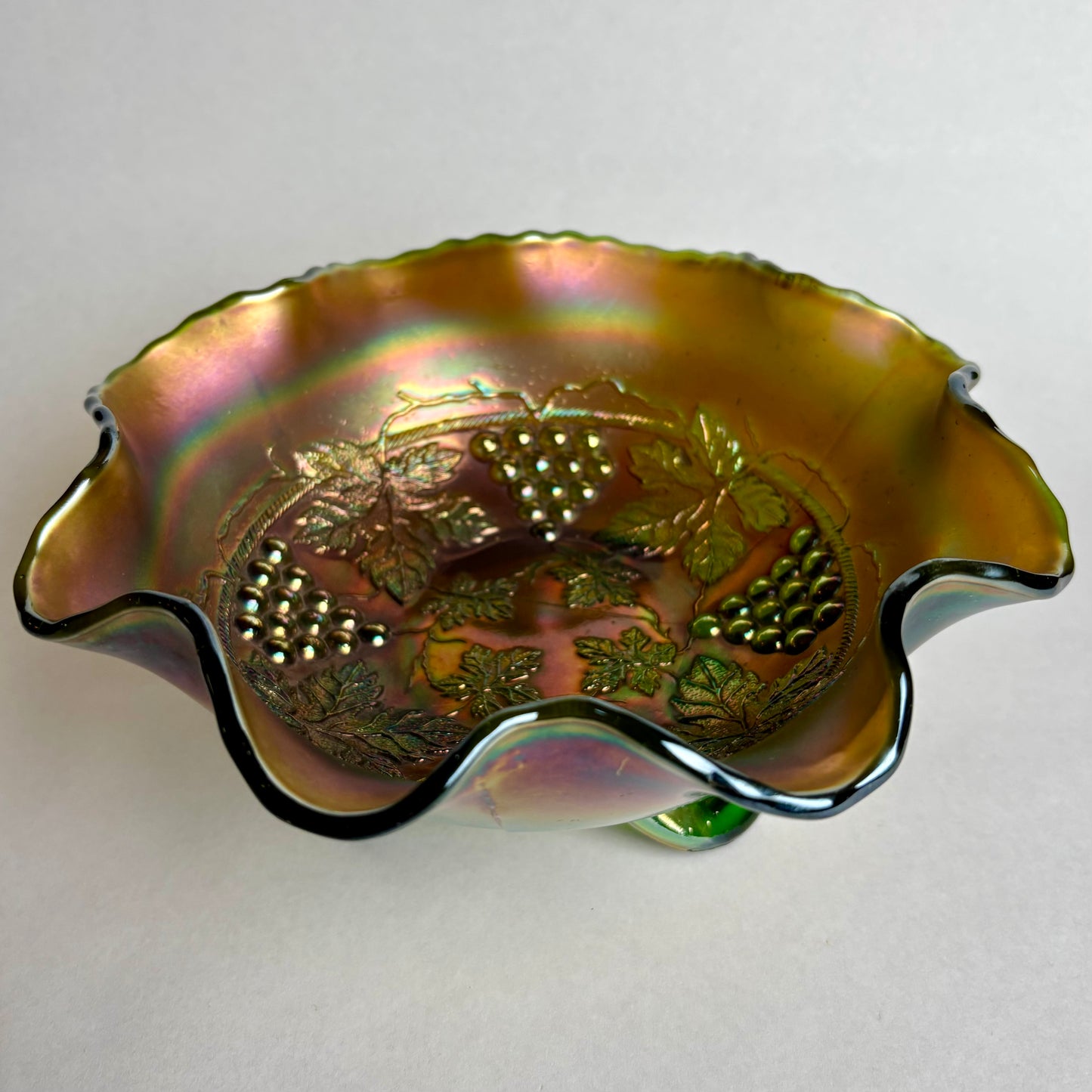 Northwood Footed Grape & Cable Ruffled Green Carnival Glass Bowl