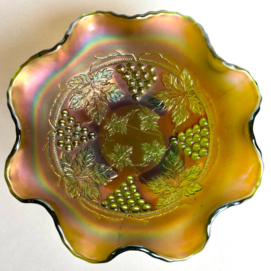 Northwood Footed Grape & Cable Ruffled Green Carnival Glass Bowl