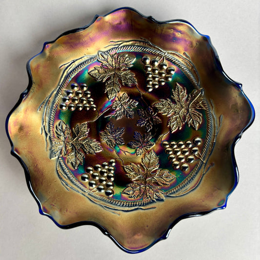 Fenton Blue Glass Grape Vine Iridescent Ruffled Edge Amethyst Carnival Glass Bowl