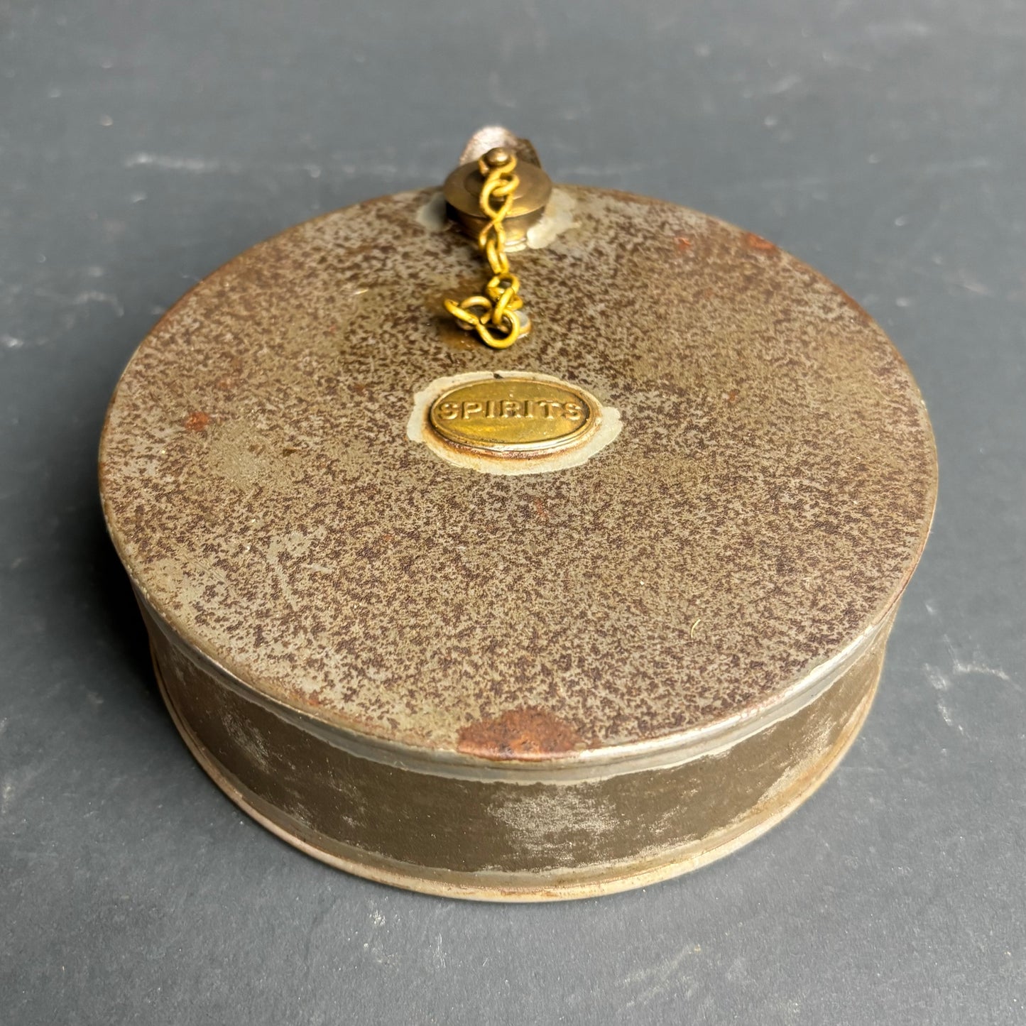 Vintage Metal Spirit Kettle / Spirit Can with Brass Cap Chain Marked “SPIRITS”