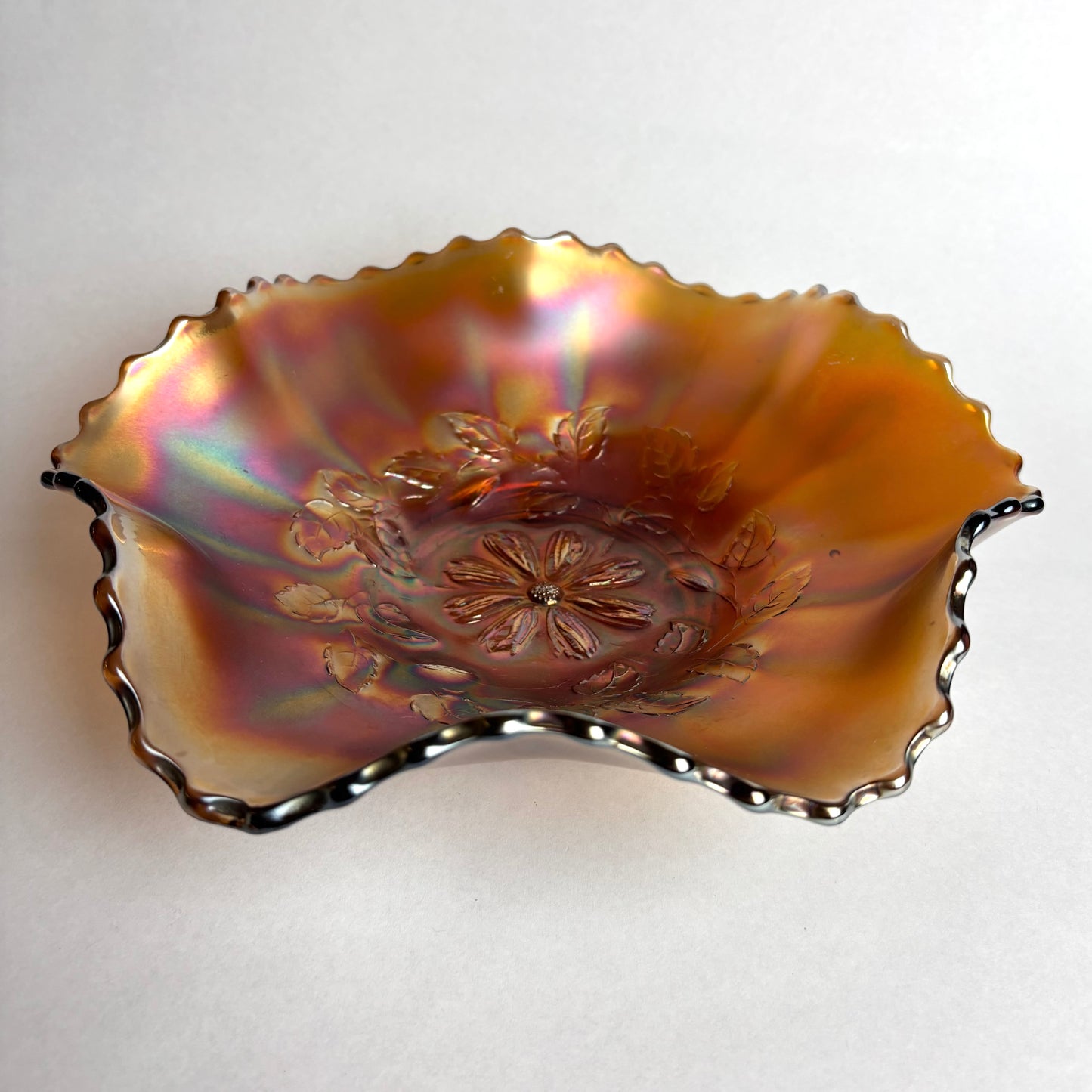 Dugan Cosmos Variant Marigold Carnival Glass Bowl