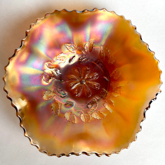 Dugan Cosmos Variant Marigold Carnival Glass Bowl