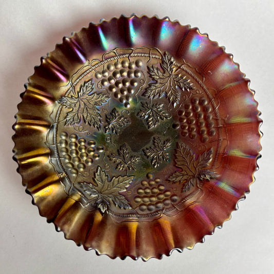 Northwood Grape Leaf Amethyst Carnival Glass Bowl Iridescent Ruffled
