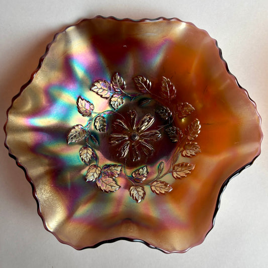 Dugan & Diamond Glass Co Cosmos Variant Pattern Marigold Carnival Glass Bowl