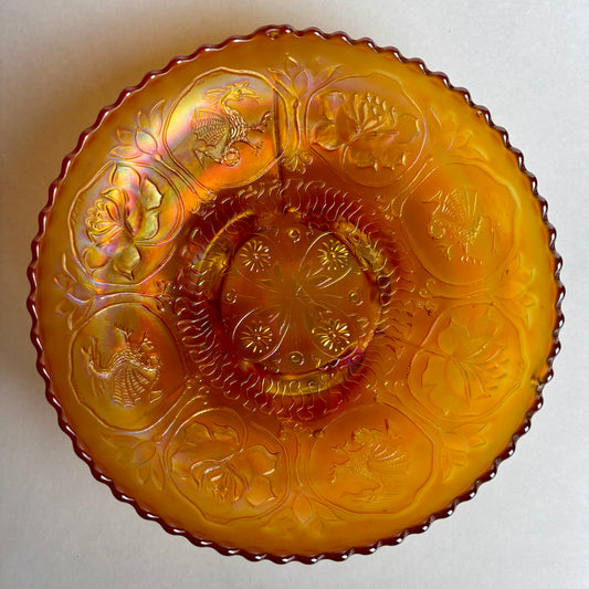 Footed Fenton Carnival Glass Bowl, Dragon and Roses Pattern in Marigold