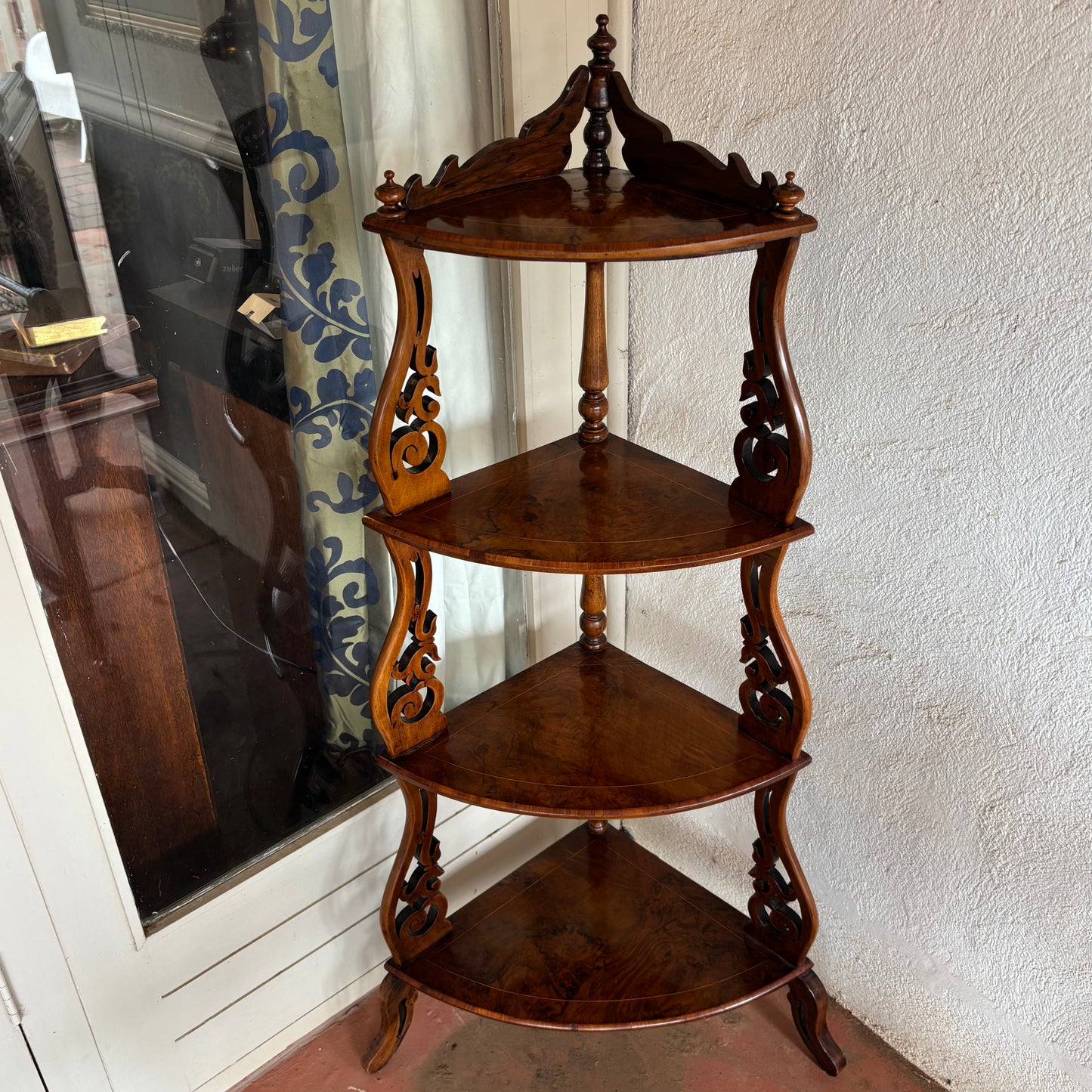 Antique Victorian Burr Walnut Inlaid Corner Whatnot c.1880