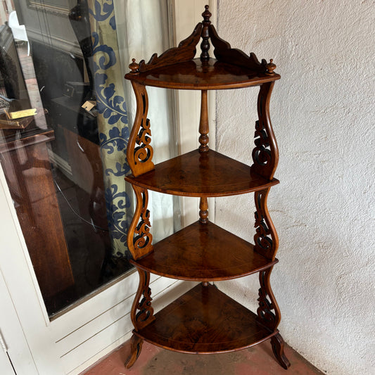 Antique Victorian Burr Walnut Inlaid Corner Whatnot c.1880