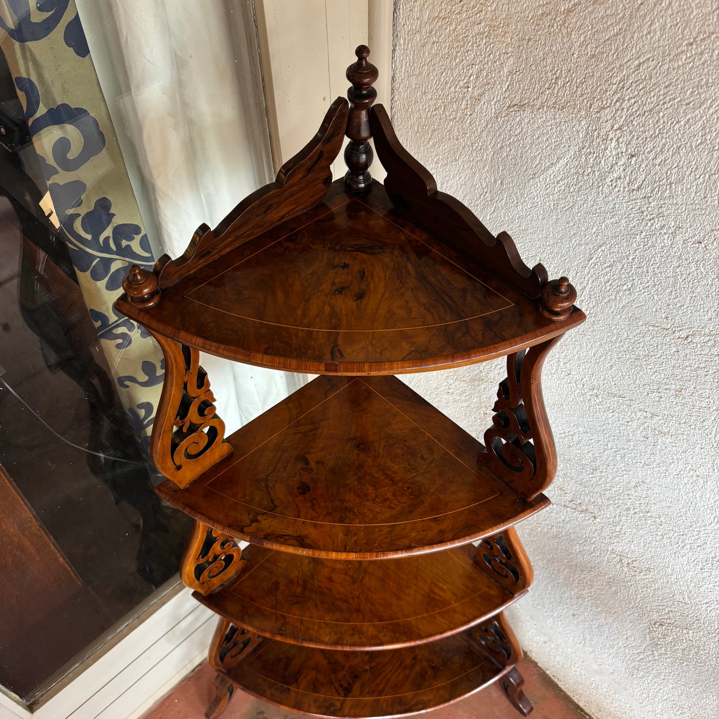 Antique Victorian Burr Walnut Inlaid Corner Whatnot c.1880