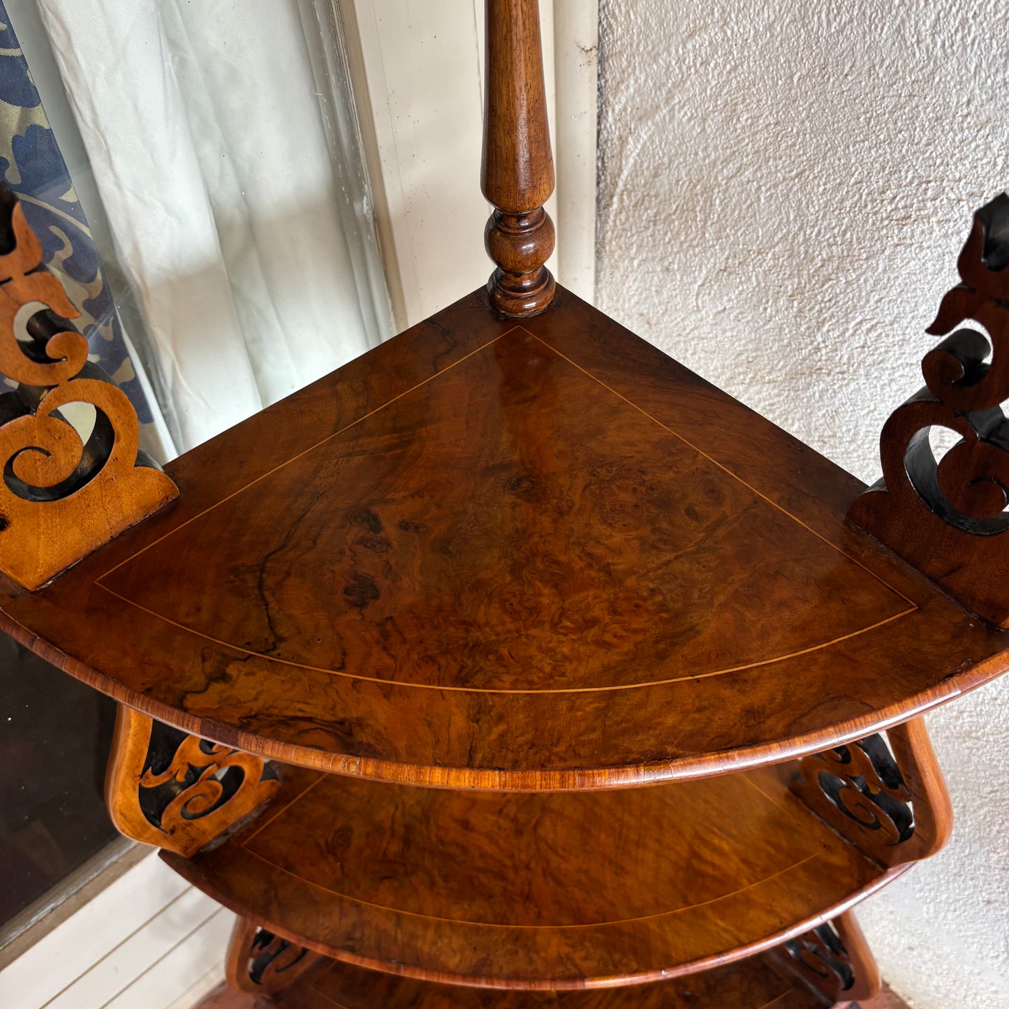 Antique Victorian Burr Walnut Inlaid Corner Whatnot c.1880