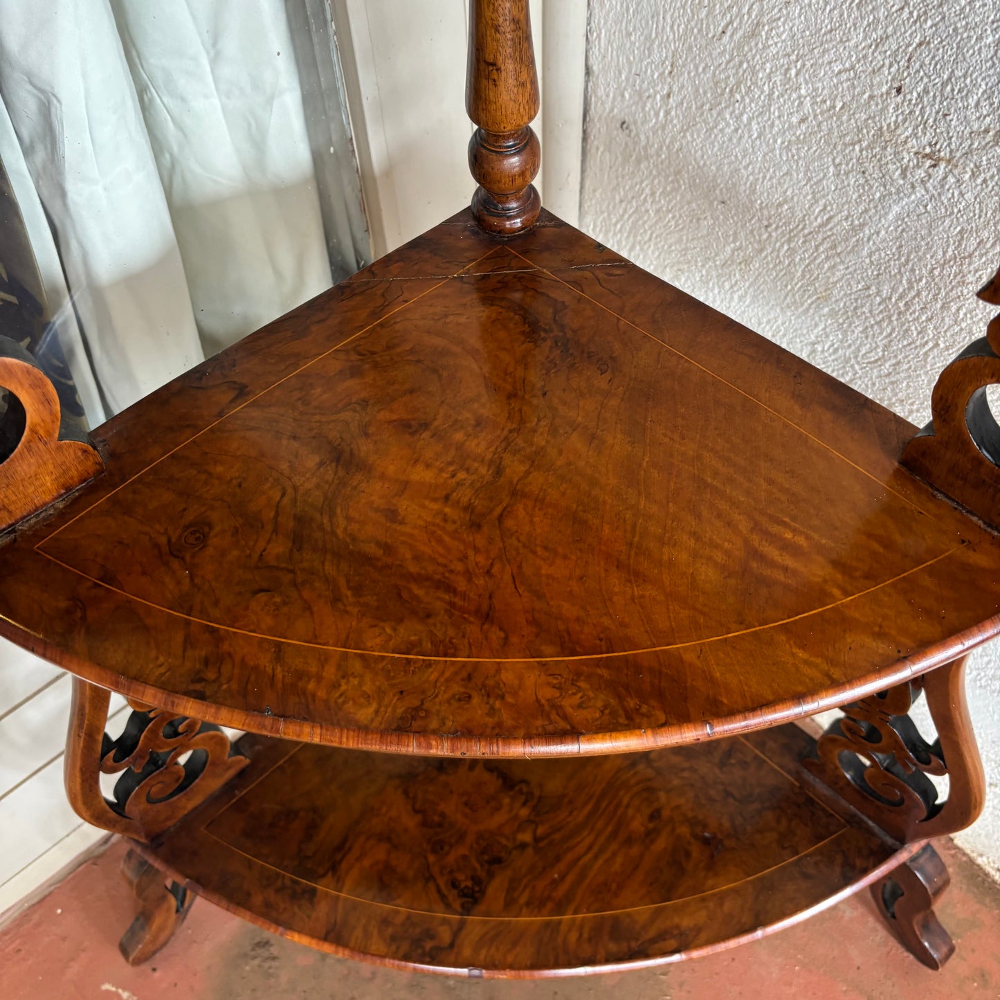 Antique Victorian Burr Walnut Inlaid Corner Whatnot c.1880