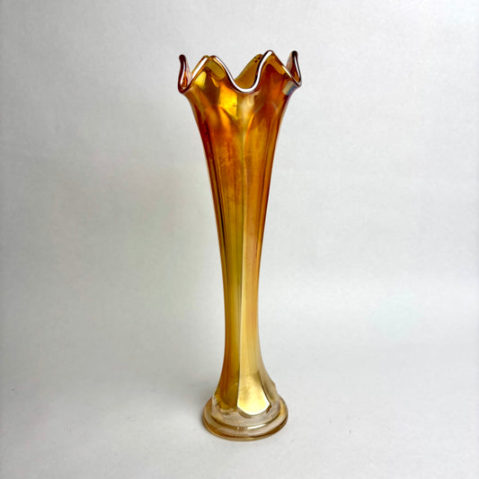 Tall Marigold Carnival Glass Swung Vase
