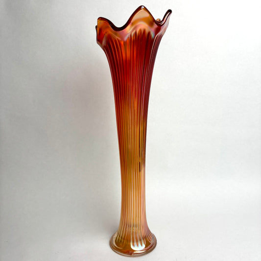 Tall Fenton Fine-Ribbed Marigold Carnival Glass Swung Vase
