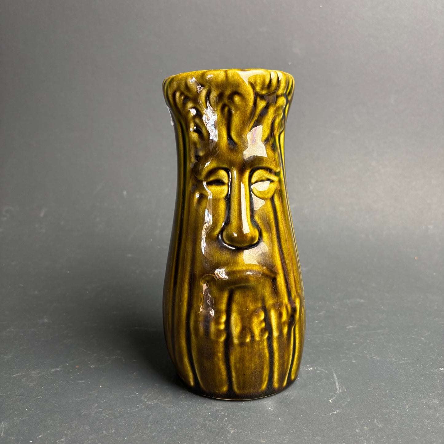 Mid-Century Character Face Vase – Olive Glaze Studio Style Pottery