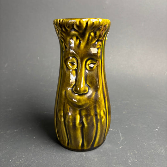 Mid-Century Character Face Vase – Olive Glaze Studio Style Pottery