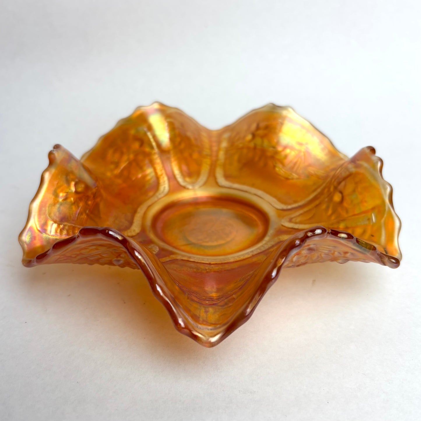 Fenton Marigold Carnival Glass Sailboats Ruffled Bowl