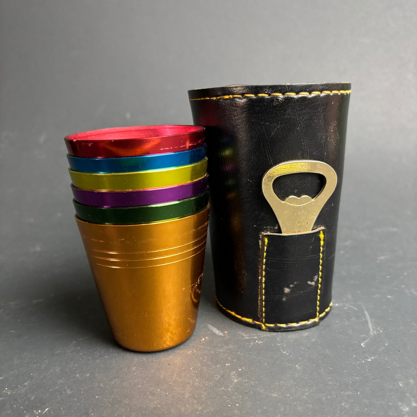 Vintage 1970s Anodised Aluminium Travel Cup Set with Leather Case & Bottle Opener