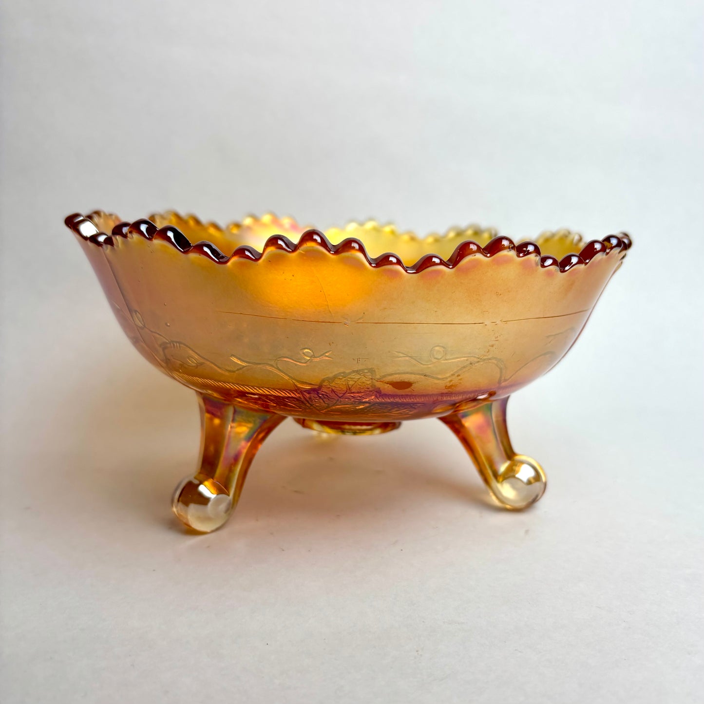 Fenton Marigold Carnival Glass Grape and Cable Footed Bowl