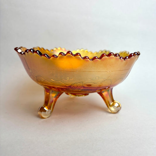 Fenton Marigold Carnival Glass Grape and Cable Footed Bowl
