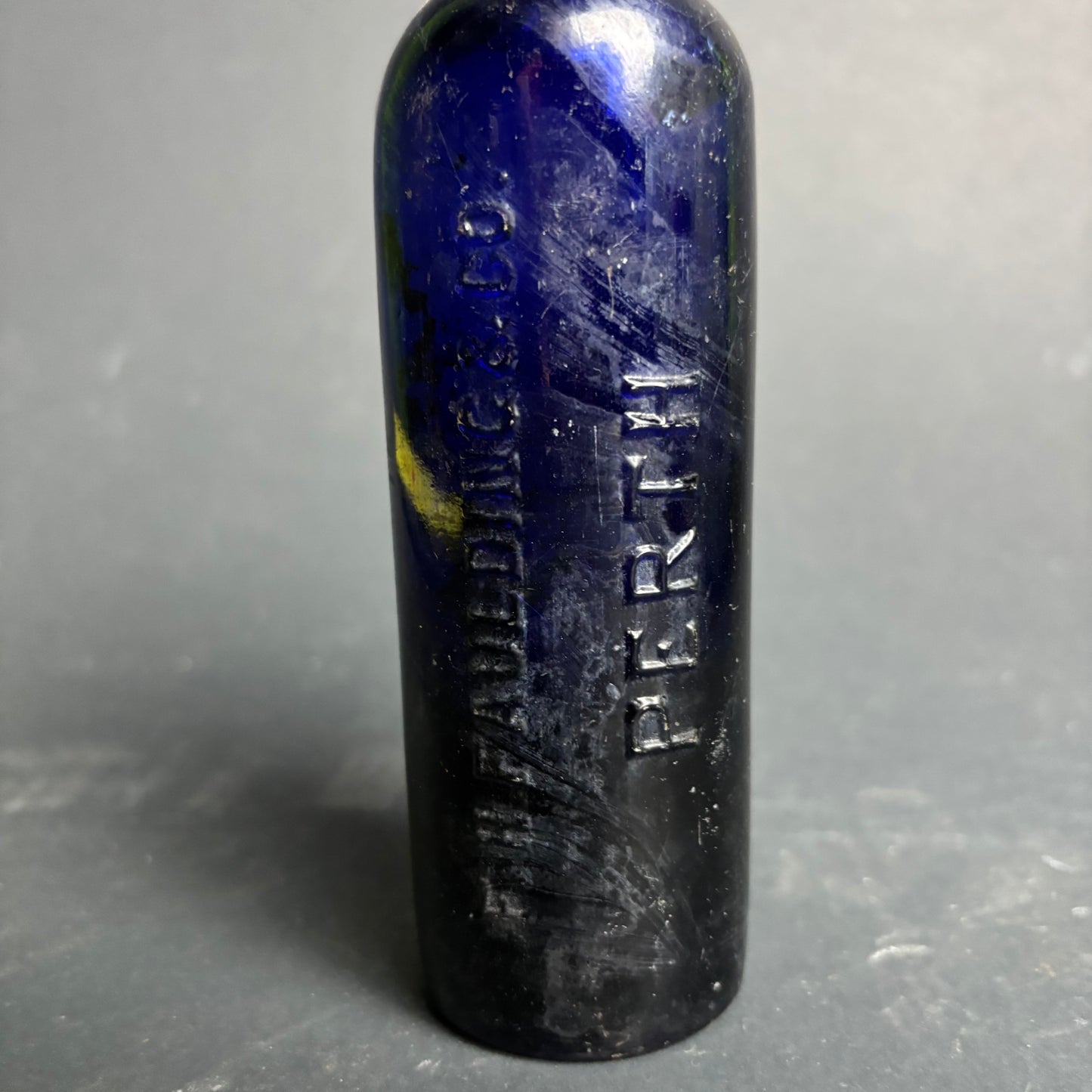 Antique Cobalt Blue Glass Bottle – Faulding & Co Ltd Perth – Embossed Chemist Bottle