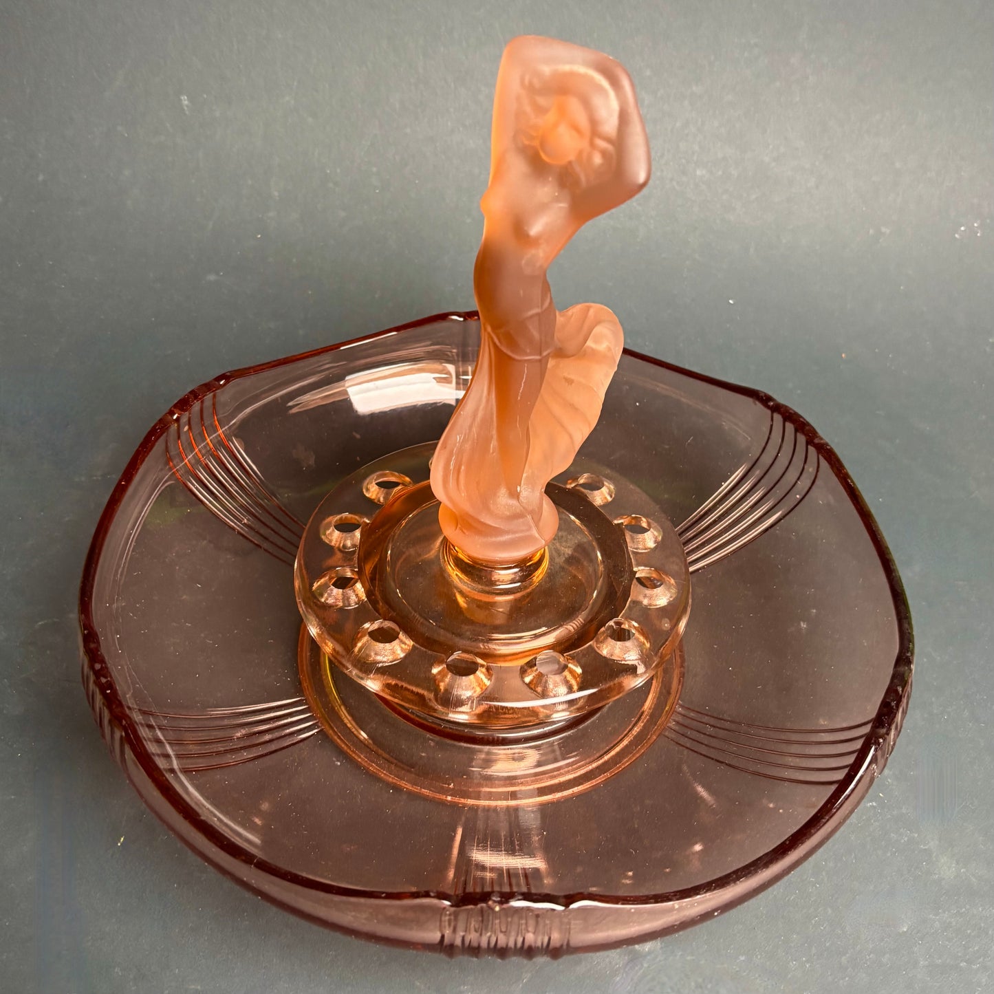 Art Deco Figural Glass Centrepiece Nude Lady Flower Frog Bowl c1930s