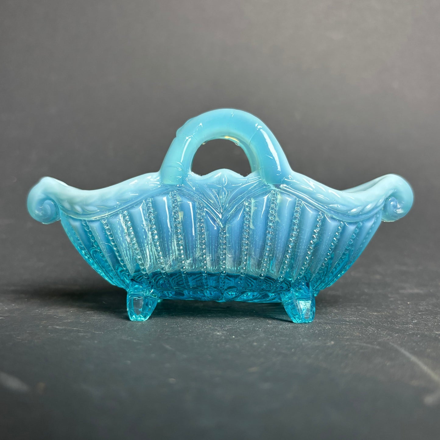 Vintage Blue Opalescent Glass Basket – Footed Bonbon Dish