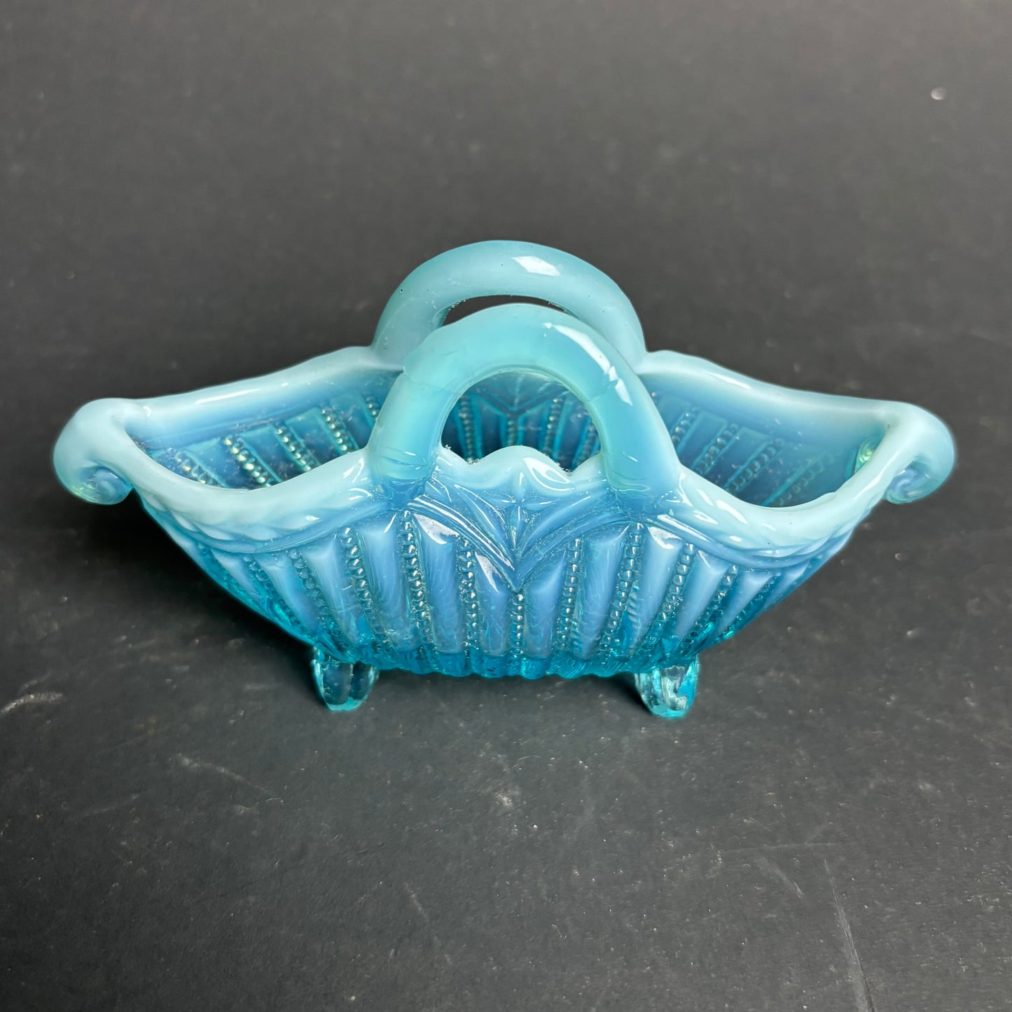 Vintage Blue Opalescent Glass Basket – Footed Bonbon Dish