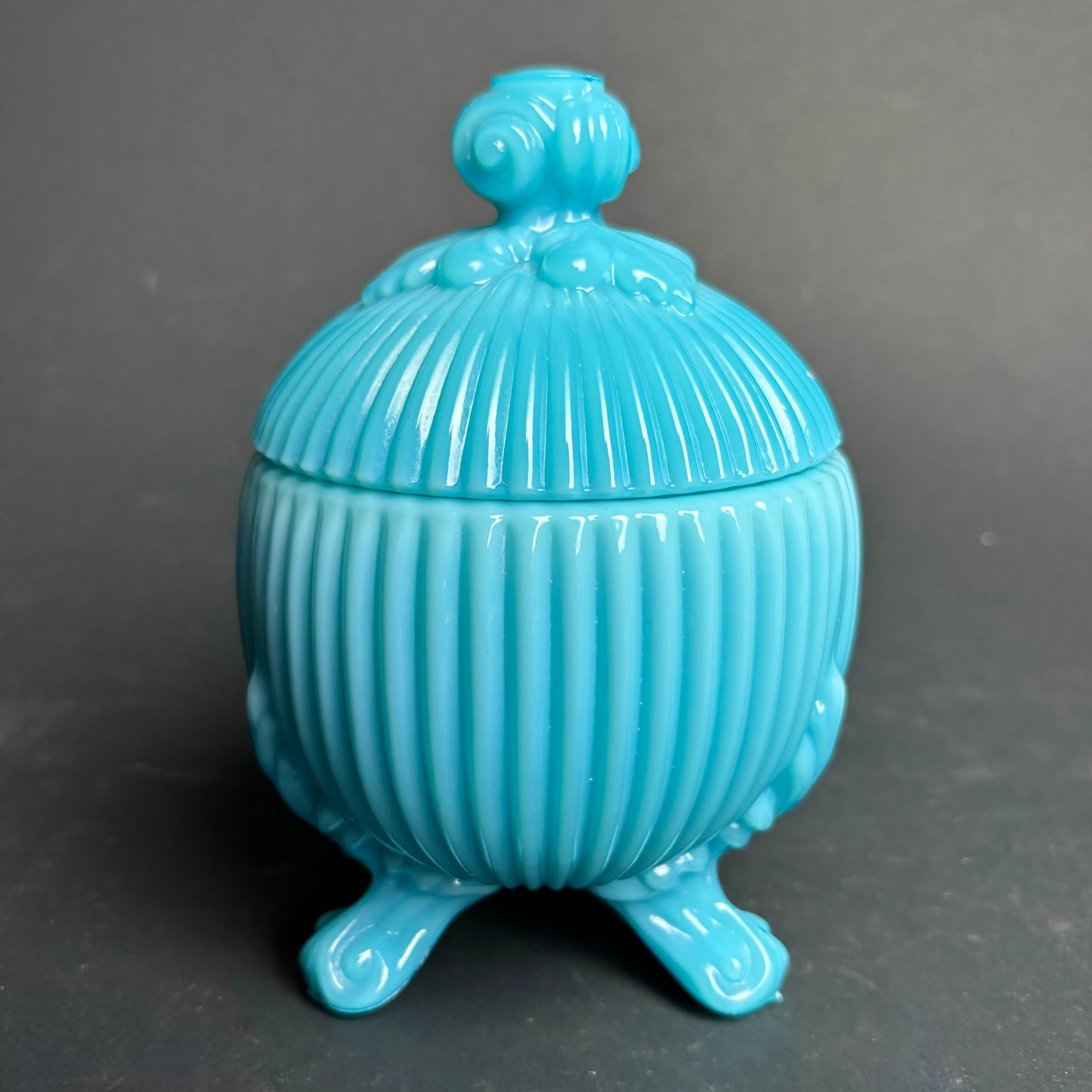 Vintage Blue Opaline Glass Trinket Jar – Footed Lidded Pot