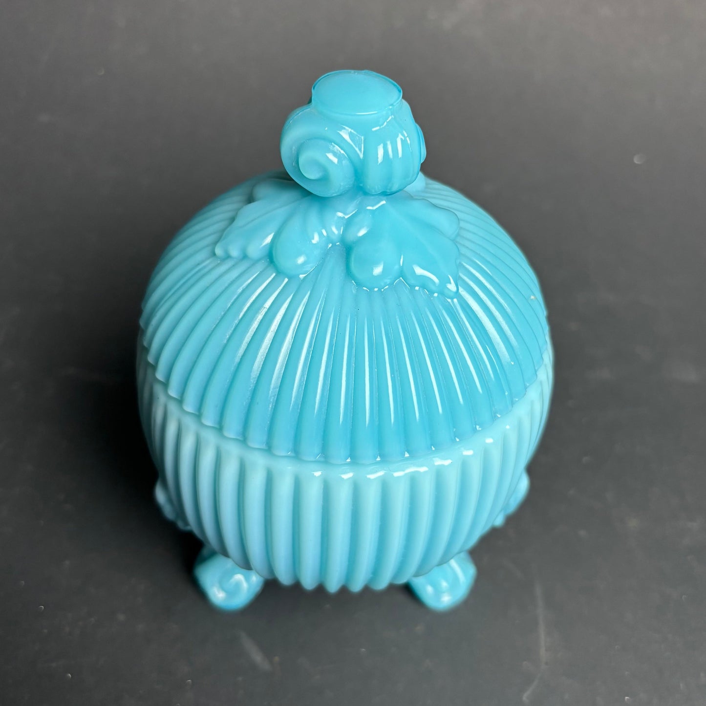 Vintage Blue Opaline Glass Trinket Jar – Footed Lidded Pot
